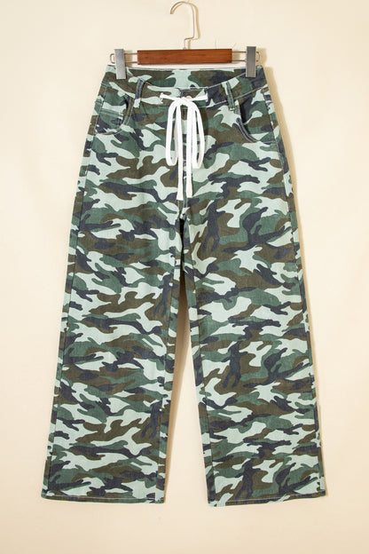 Green Camouflage Print Wide Leg Drawstring Denim Pants