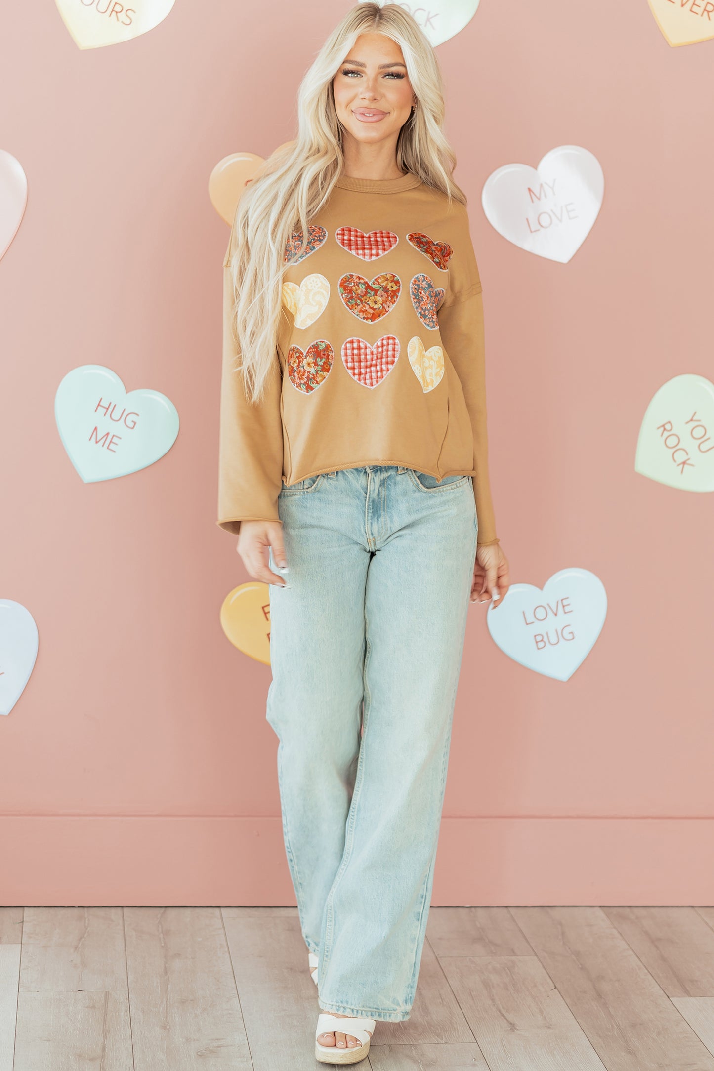 Straw Yellow Plaid Floral Heart Stitched Exposed Seam Mineral Wash Sweatshirt