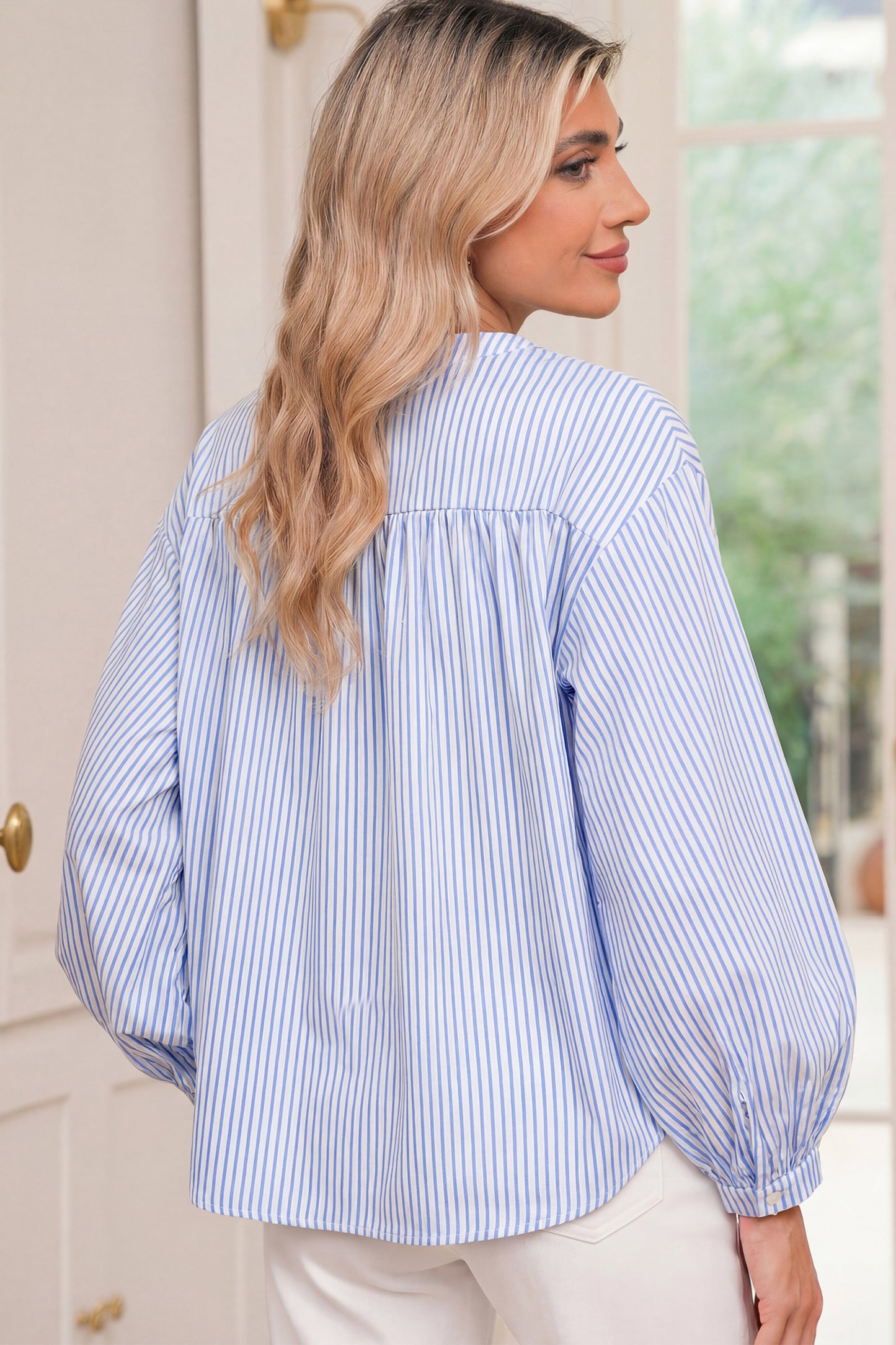 Sky Blue Stripe Floral Embroidered Billowy Sleeve Tunic Baggy Shirt