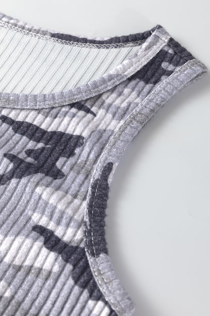 Gray Camouflage Print Ribbed Knit Round Neck Tank Top