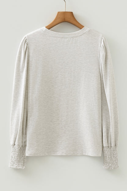 Oatmeal Shirred Cuffs Puff Sleeve Peasant Top