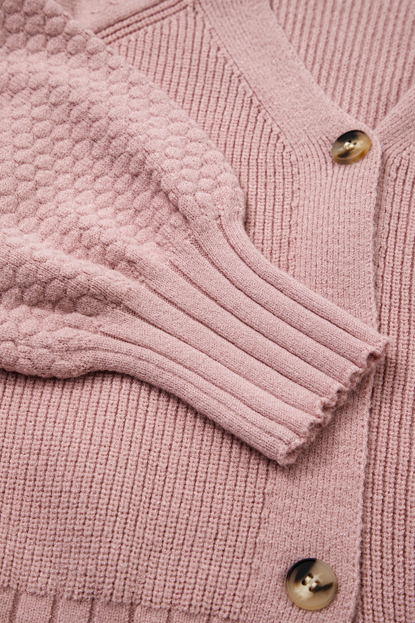 Light Pink Mixed Texture Knit Button V Neck Sweater Cardigan
