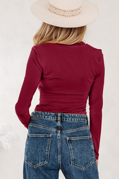 Red Dahlia Lace-trimmed Sweetheart Neckline Ruched Detail Long Sleeve T-shirt
