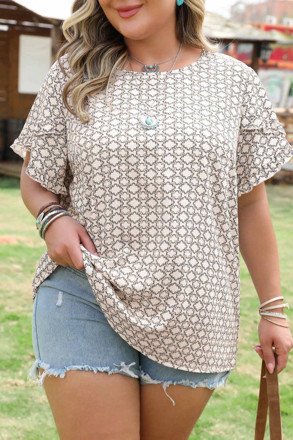 Khaki Plus Size Geometric Print Ruffled Sleeve Blouse
