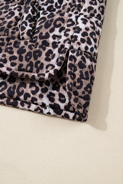 Brown Leopard Quilted Full Zipper Casual Puff Vest