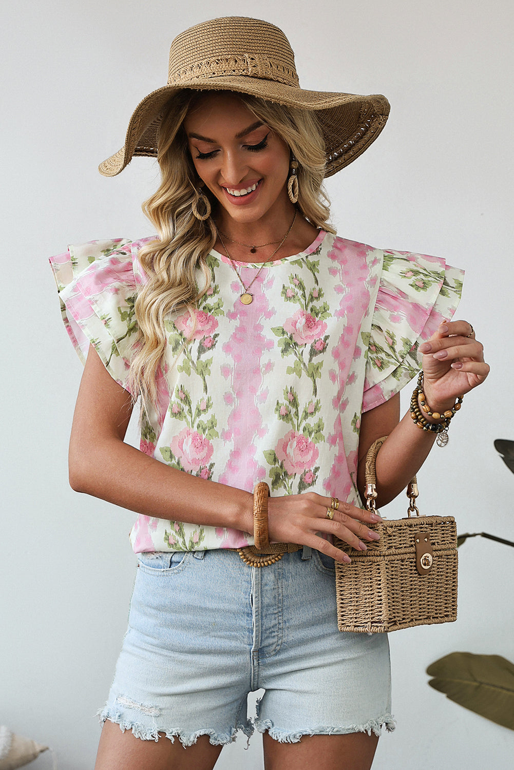Pink Floral Print Ruffled Sleeve Summer Top