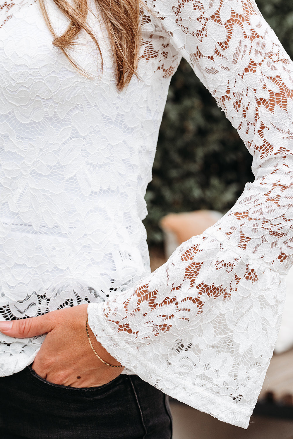 White Lace Crochet Bell Sleeve Mock Neck Blouse