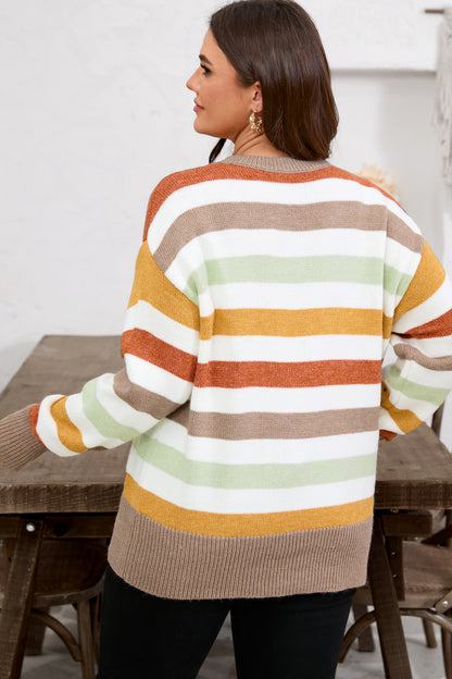 Multicolour Striped Colorblock Drop Shoulder Plus Size Sweater