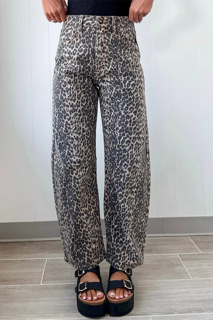 Black Leopard Print High Waist Barrel Jeans