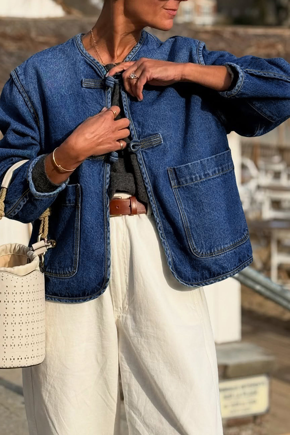 Sail Blue Vintage Fastening Big Patched Pockets Straight Cut Deep Wash Denim Jacket