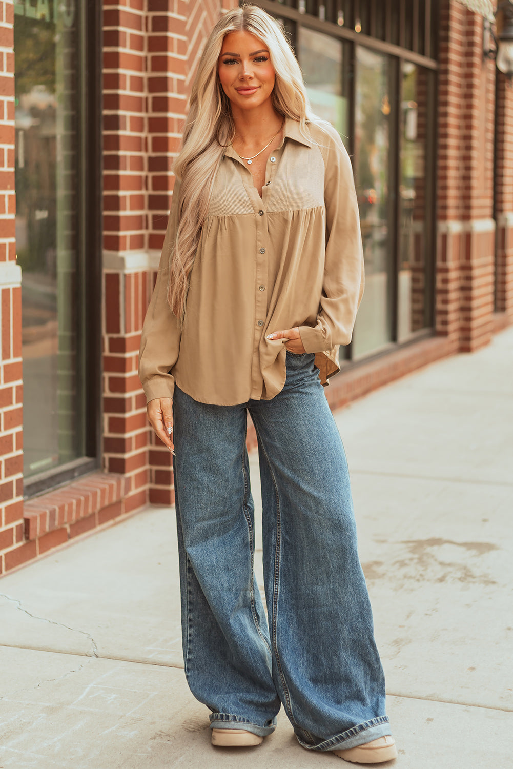 Light French Beige Waffle Patchwork Button Up Frayed Hem Shirt