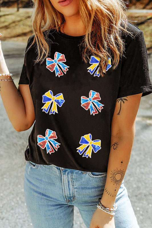 Black Cheerful Sequin Bow Patched Game Day T Shirt