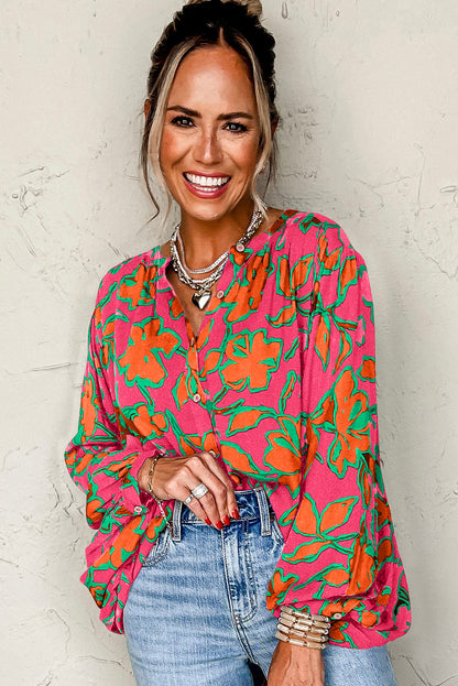 Rose Floral Print Batwing Sleeve Buttoned Loose Fit Shirt