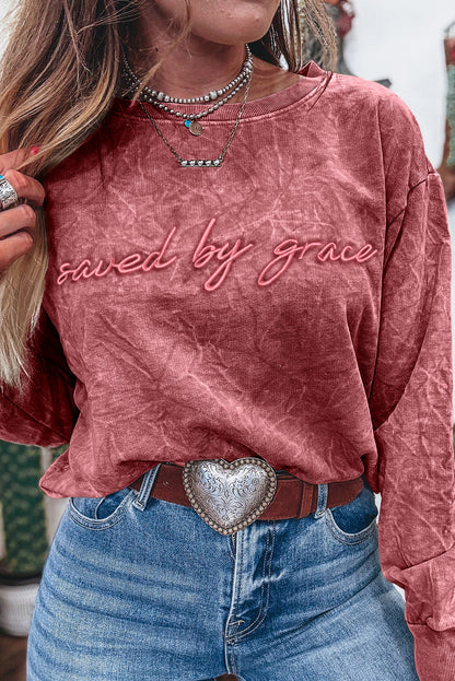 High-rise saved by grace Letter Embroidery Mineral Wash Loose Sweatshirt