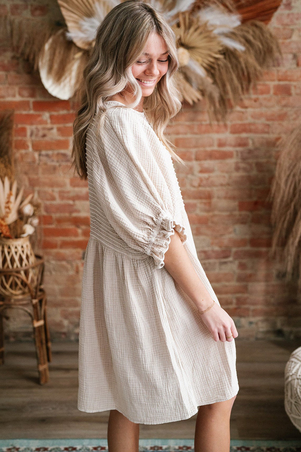 White Textured Ruffled Puff Sleeve Loose Dress