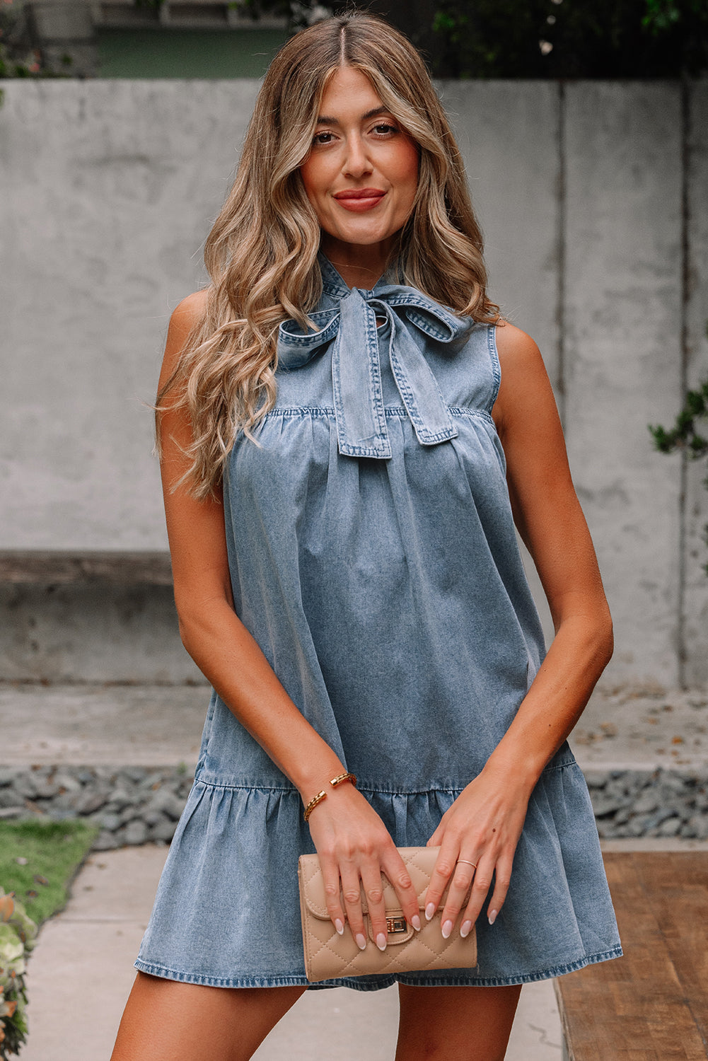 Real Teal Bowknot Neck Sleeveless Ruffled Chambray Dress