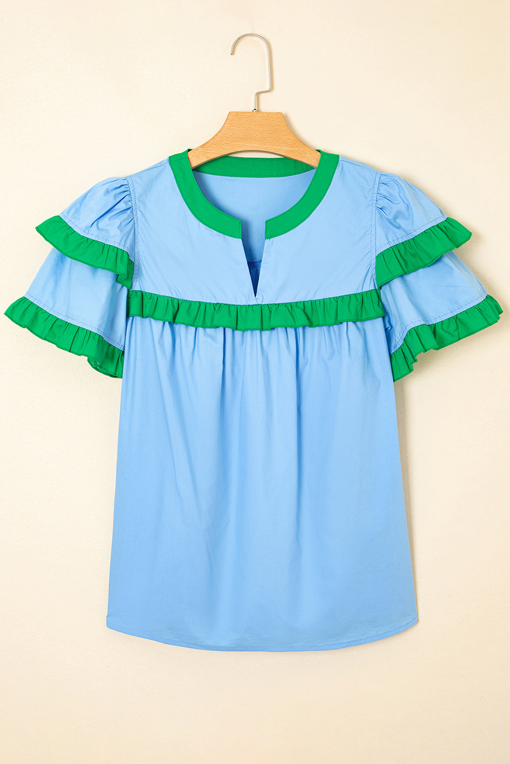 Mist Blue Contrast Notched Neck Frilly Detail Short Sleeve Blouse