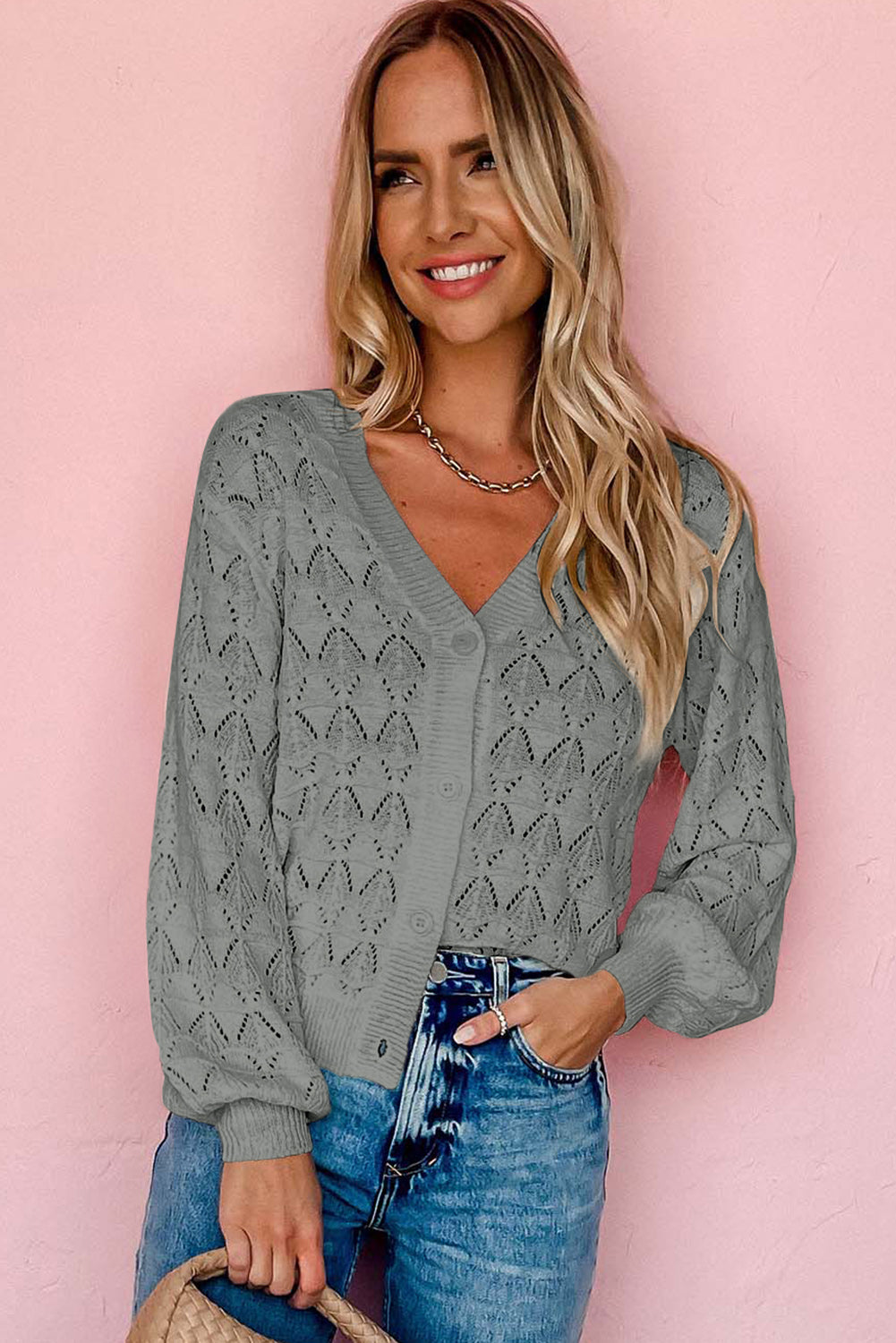 Gray Lightweight Buttoned Front Crochet Cardigan
