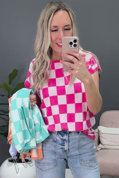 Rose Check Pattern Cap Sleeve Knitted Sweater