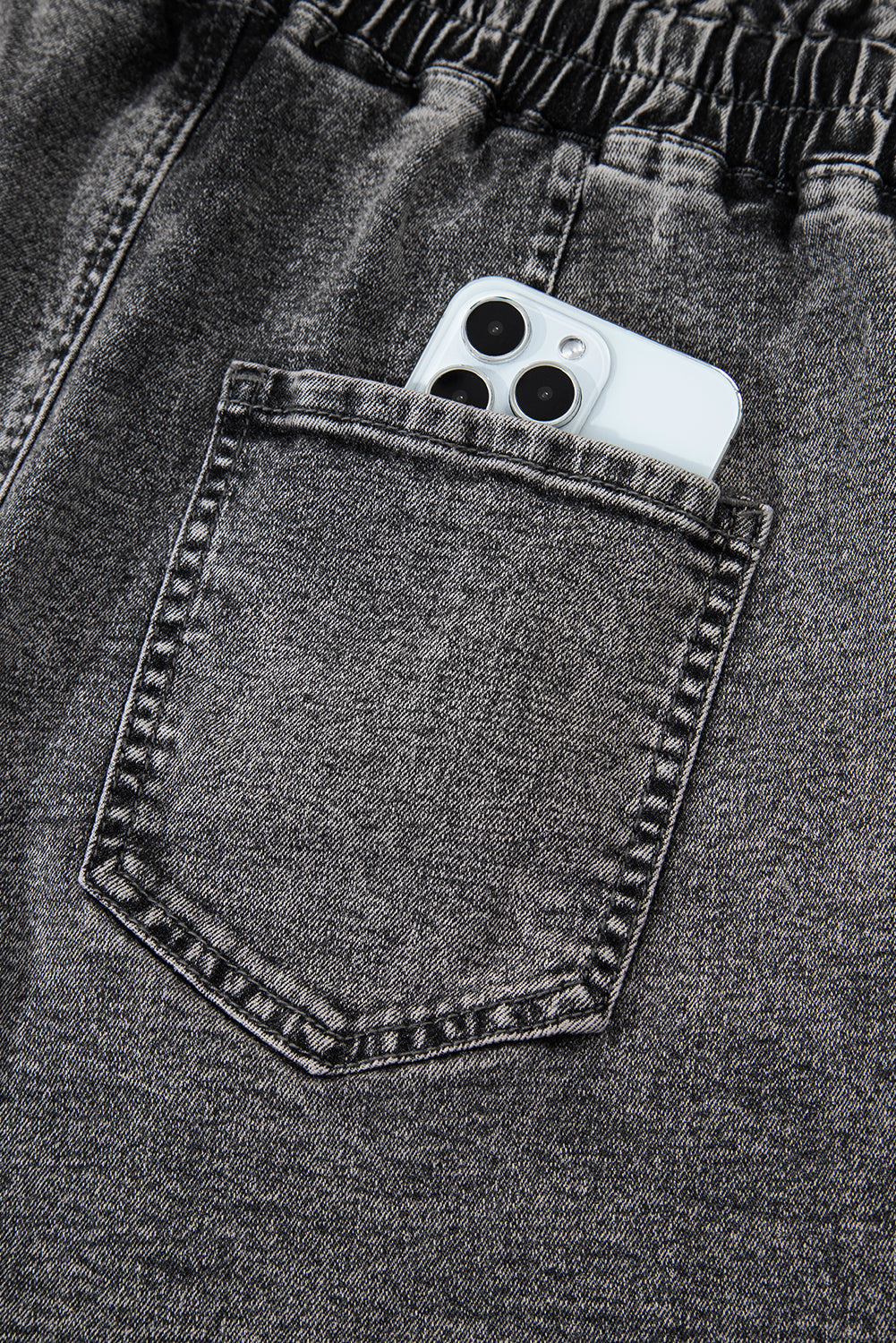 High Drawstring Elastic Waistband Casual Denim Shorts with Pockets