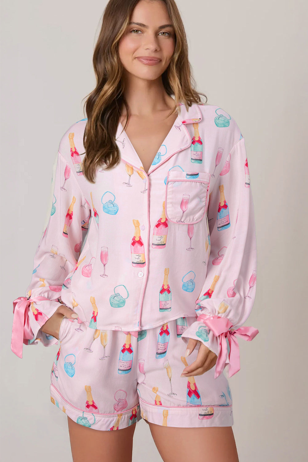 Light Pink Christmas Wine Glass Print Bow Knot Two Piece Pajama Set