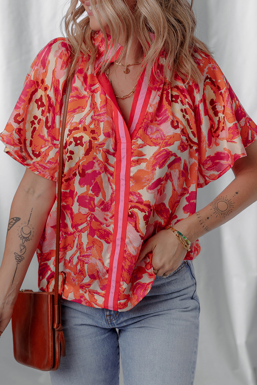 Rose Abstract Print Striped Trim Split Neck Blouse