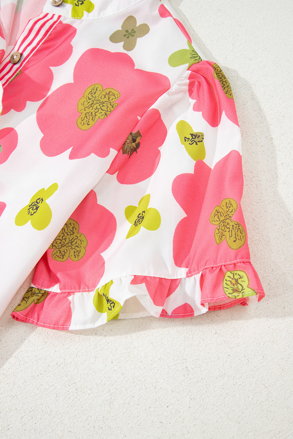 Pink Floral Ruffle Short Sleeve Striped Buttoned Collar Blouse