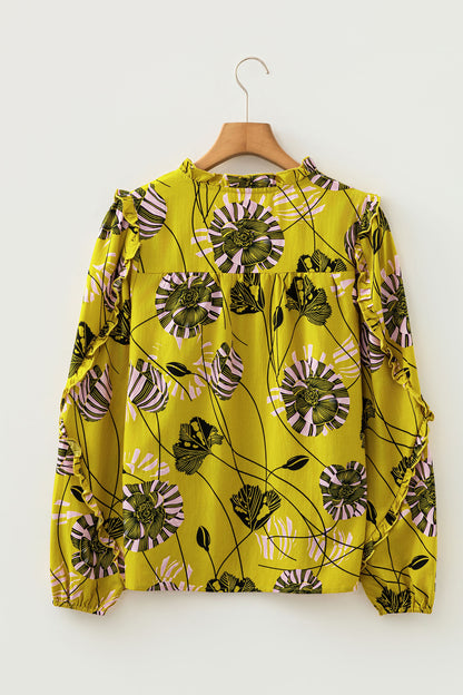 Yellow Vintage Floral V Neck Ruffle Trim Long Sleeve Blouse