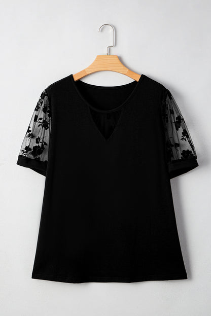 Black Floral Mesh Patchwork Loose V Neck Plus Size T Shirt