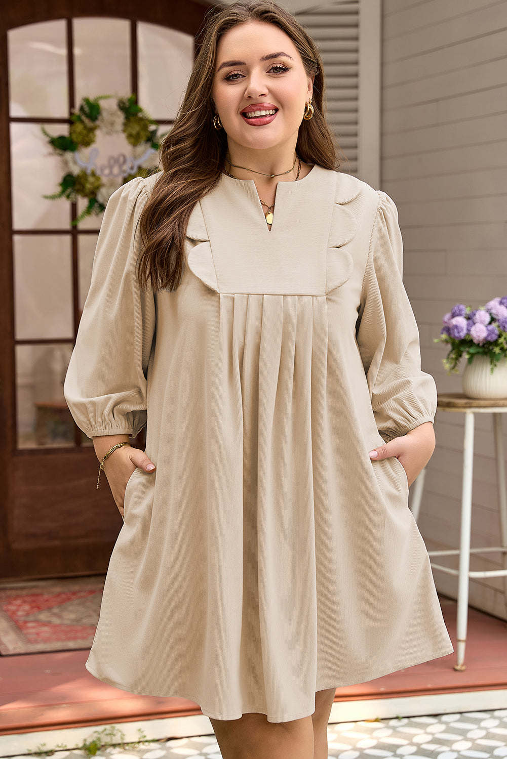 Parchment Notched Neck Scallop Detail Plus Size Mini Dress