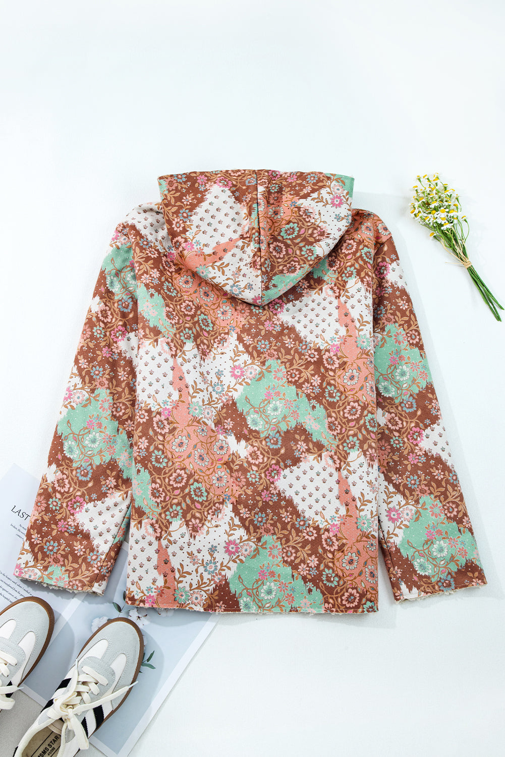 Khaki Vintage Floral Printed Sherpa Lined Hooded Jacket