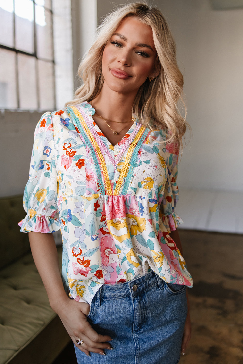 Pink Boho Flower Print Half Puff Sleeve Blouse