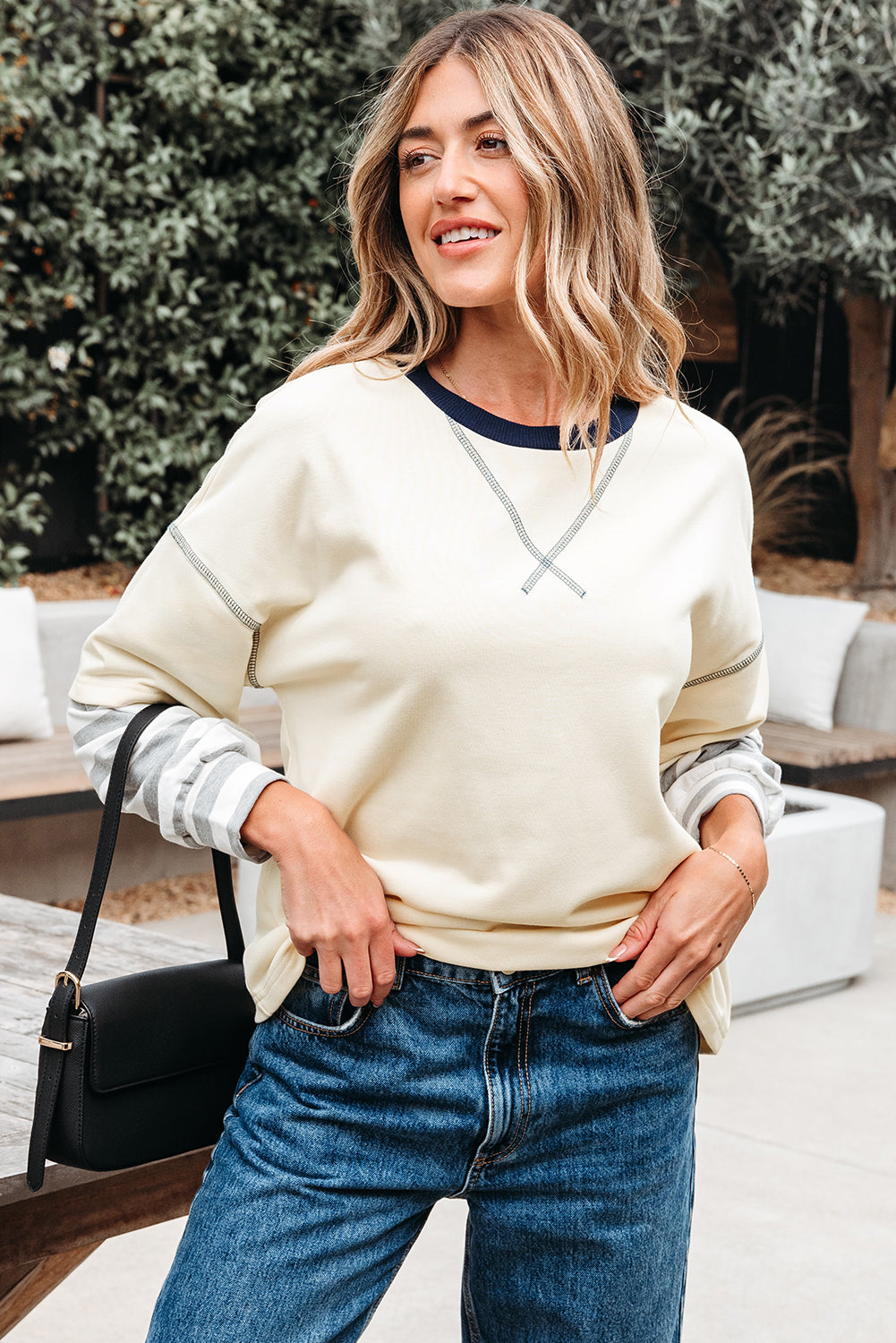 Beige Striped Patchwork Long Sleeve Round Neck Two-in-one Top