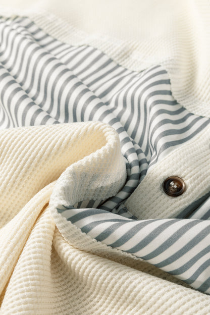 White Waffle Printed Patchwork Drawstring Hooded Long Sleeve Top