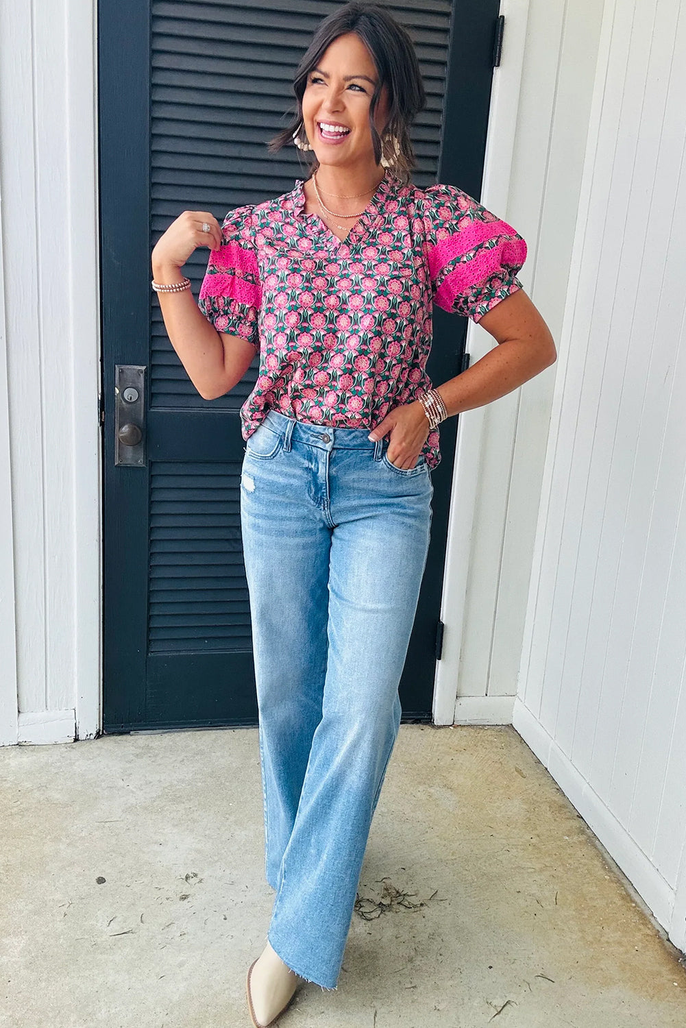 Sachet Pink V-Neck Ruffle Abstract Floral Print Puff Sleeve Top