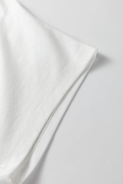 White Leopard Bow Embroidered Cotton Round Neck T Shirt