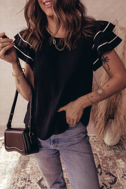 Black Contrast Trim Dual Ruffle Short Sleeve Textured Blouse