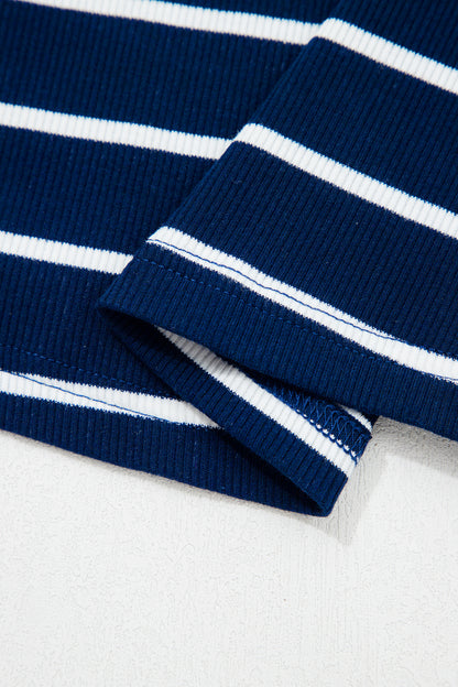 White Stripe Stand Collar V Neck Elastic Cuffs Half Sleeve Dolman Top