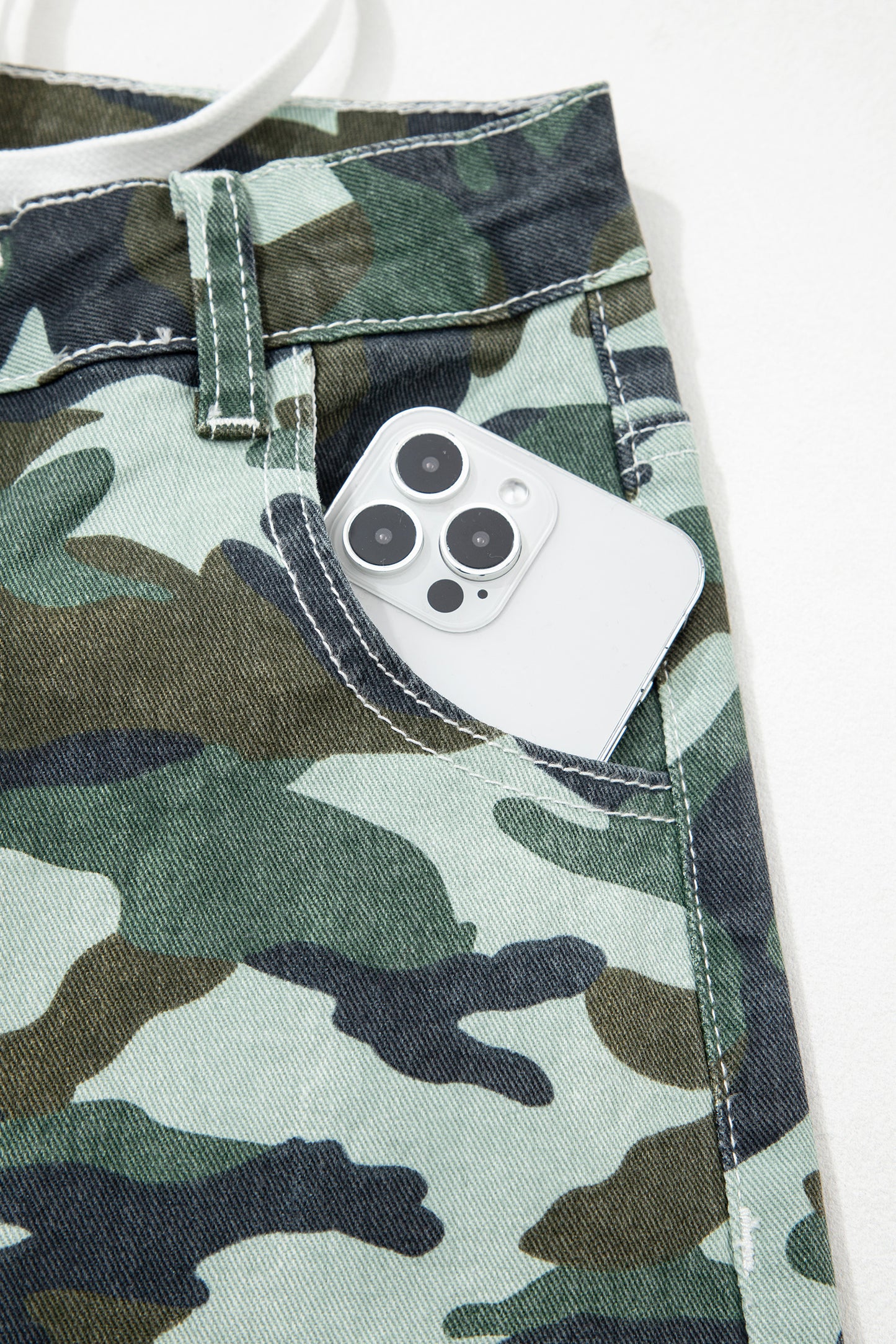 Green Camouflage Print Wide Leg Drawstring Denim Pants