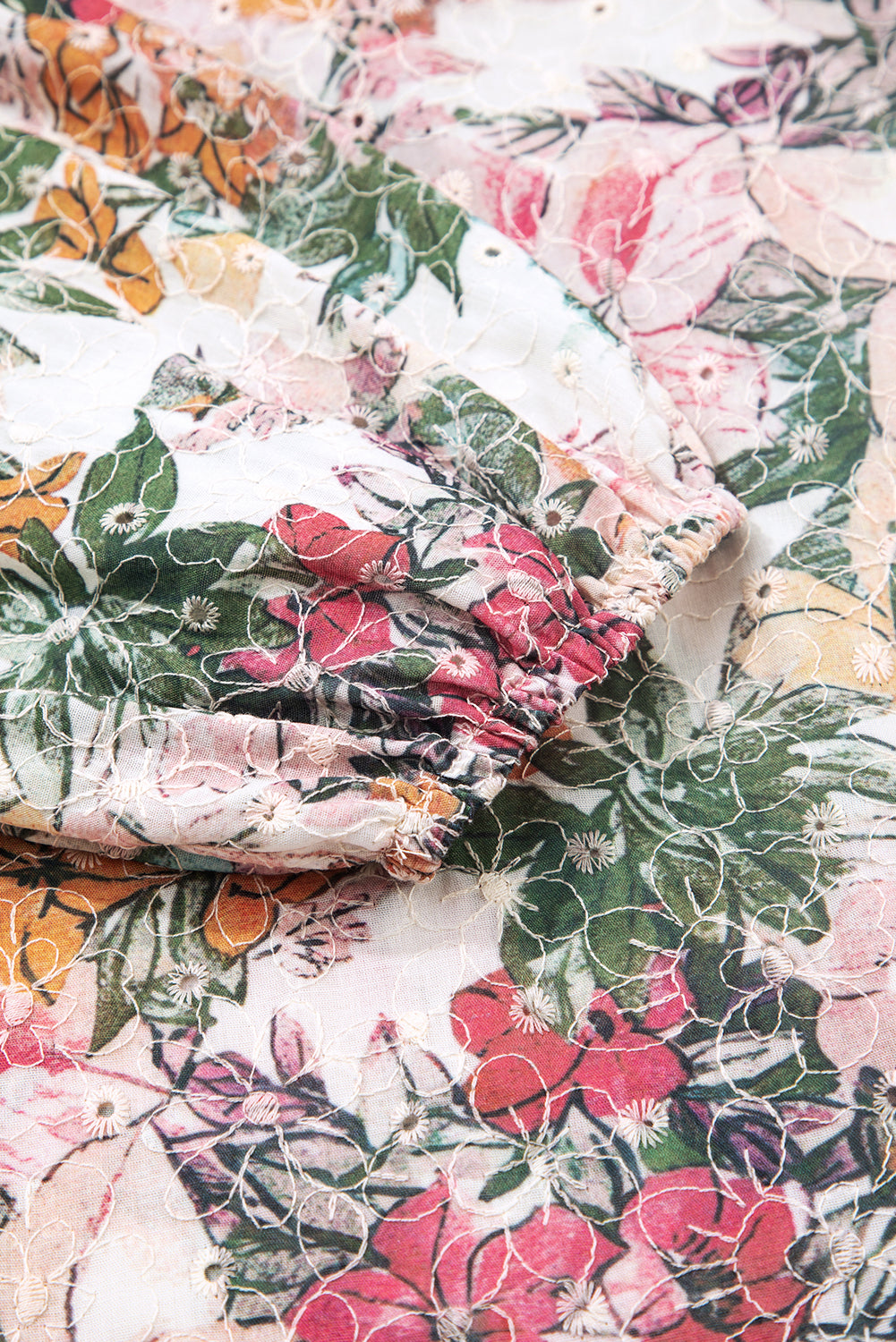 Pink Floral Print Lace Embroidery Tie Split Neck Long Sleeve Blouse