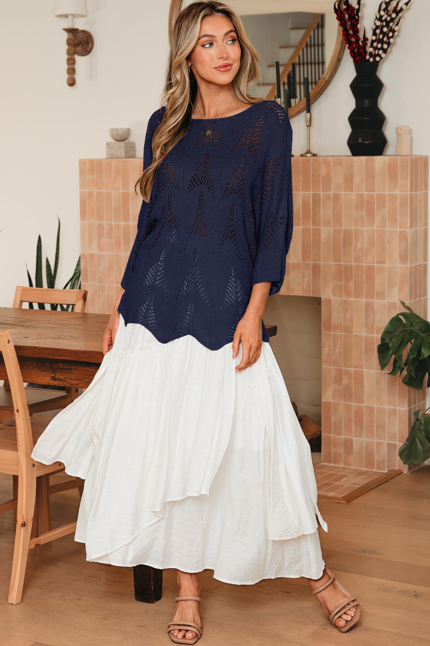 Seagrass Hollow Out Knit 7/8 Sleeve Casual Sweater