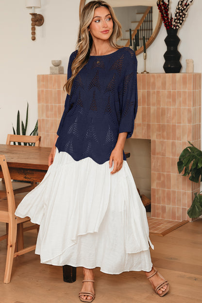 Seagrass Hollow Out Knit 7/8 Sleeve Casual Sweater