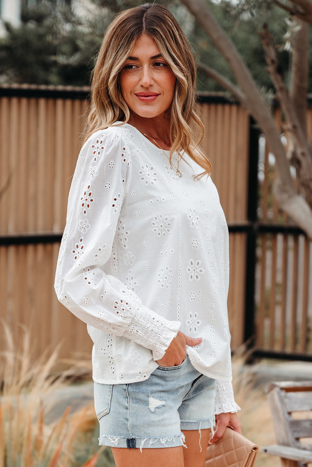 White Eyelet Embroidered Smocked Cuff Sheer Blouse