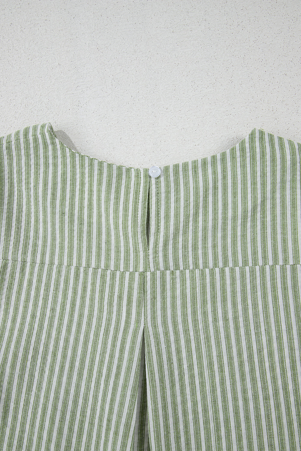Green Stripe Textured Round Neck Short Puff Sleeve Blouse
