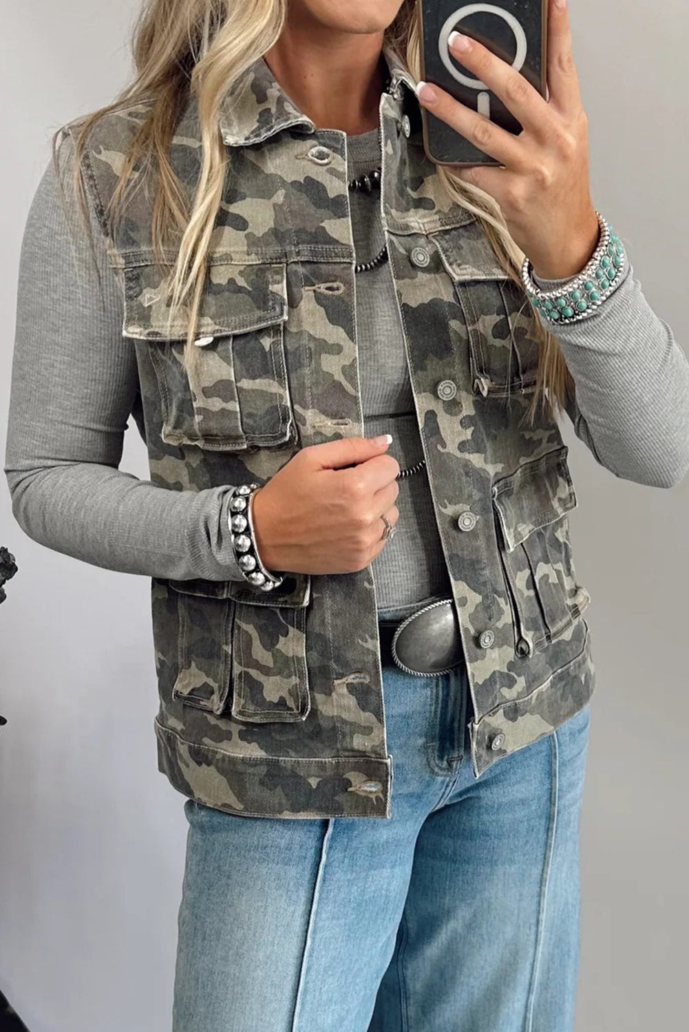 Green Camo Cargo Denim Vest