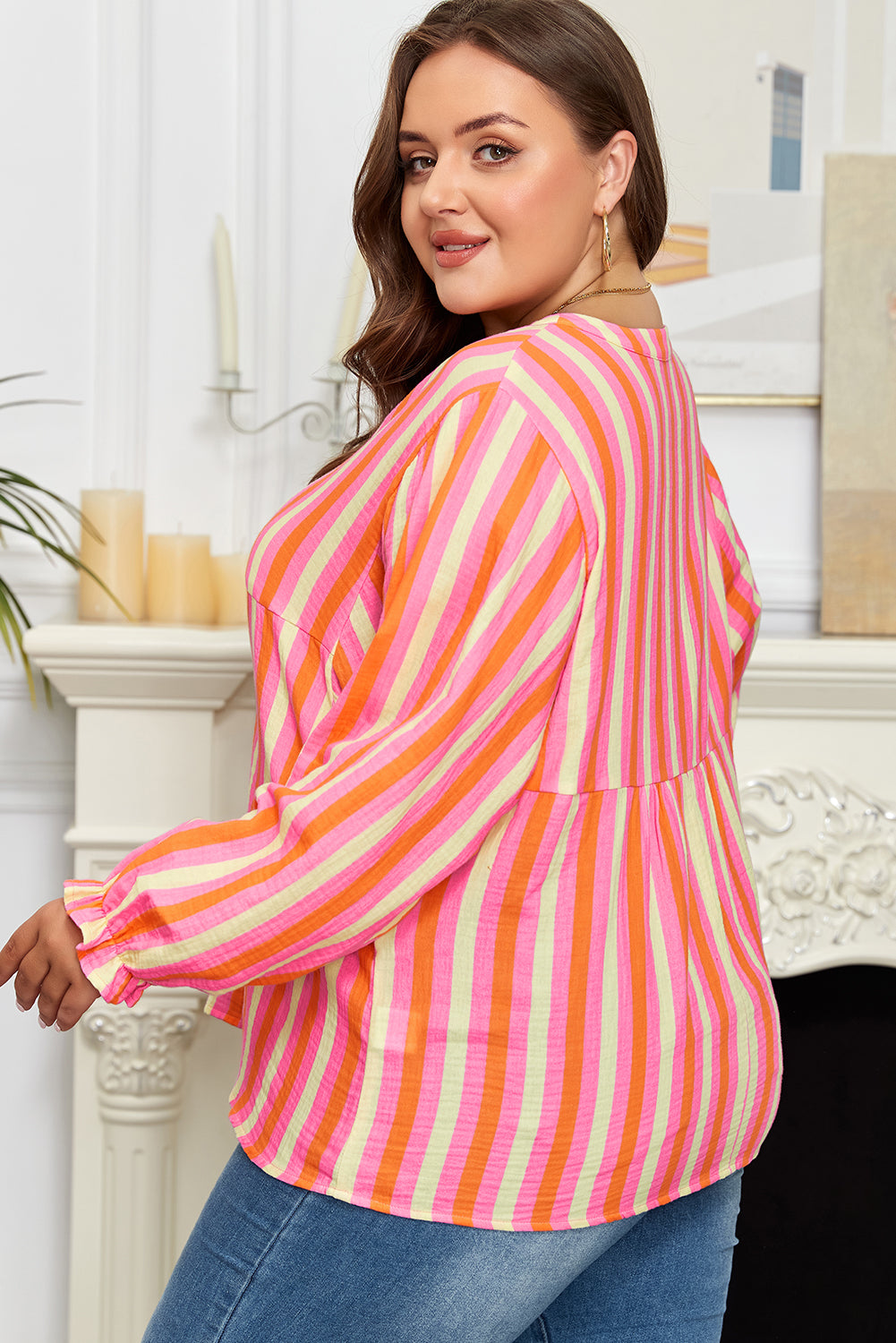 Pink Stripe Crinkled Half Buttons V Neck Plus Size Blouse