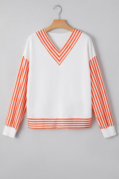 Orange Stripe V Neck Drop Shoulder Patchwork Long Sleeve Top