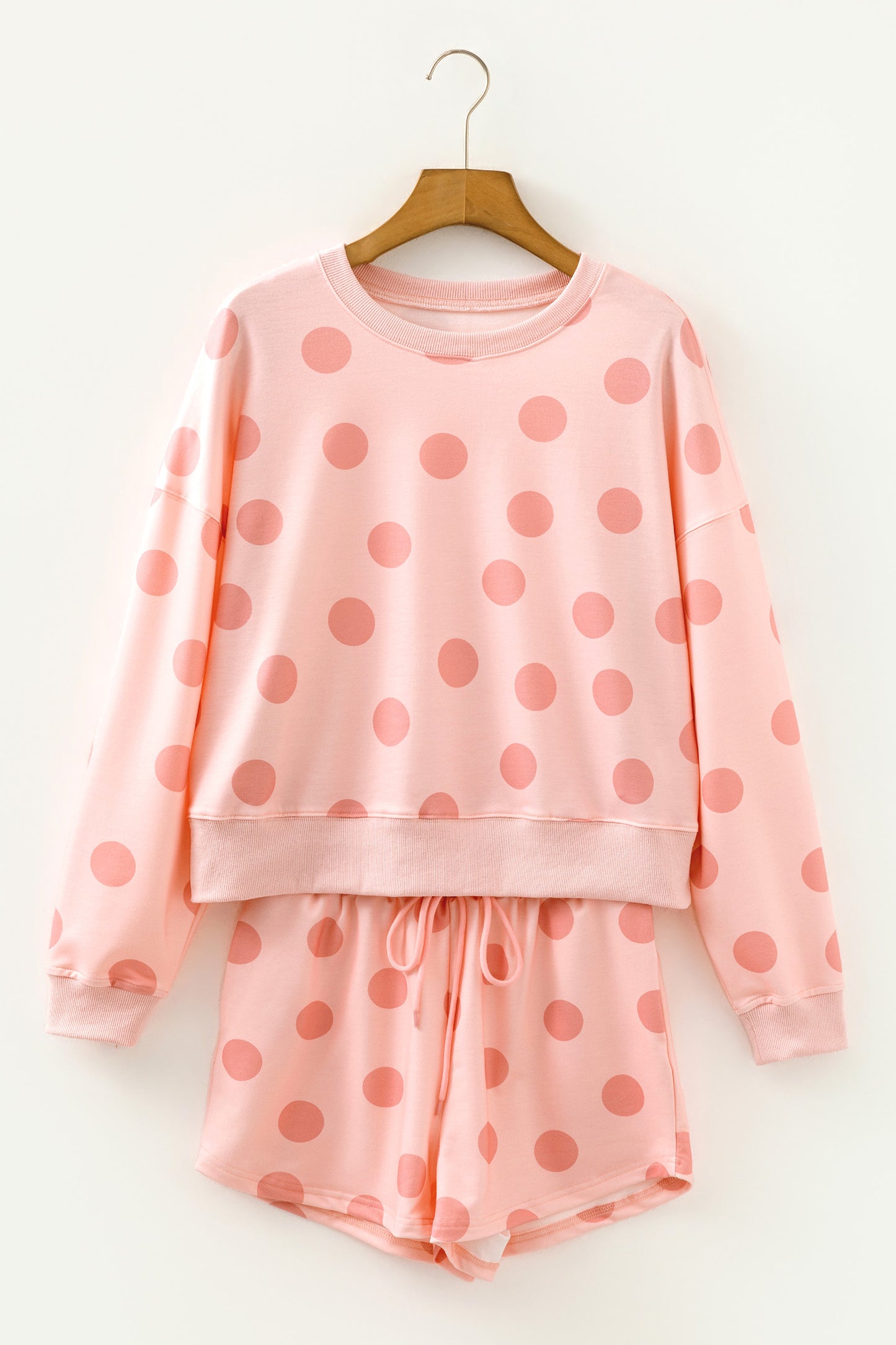 Beige Polka Dot Print Drop Shoulder Pullover Drawstring Shorts Set