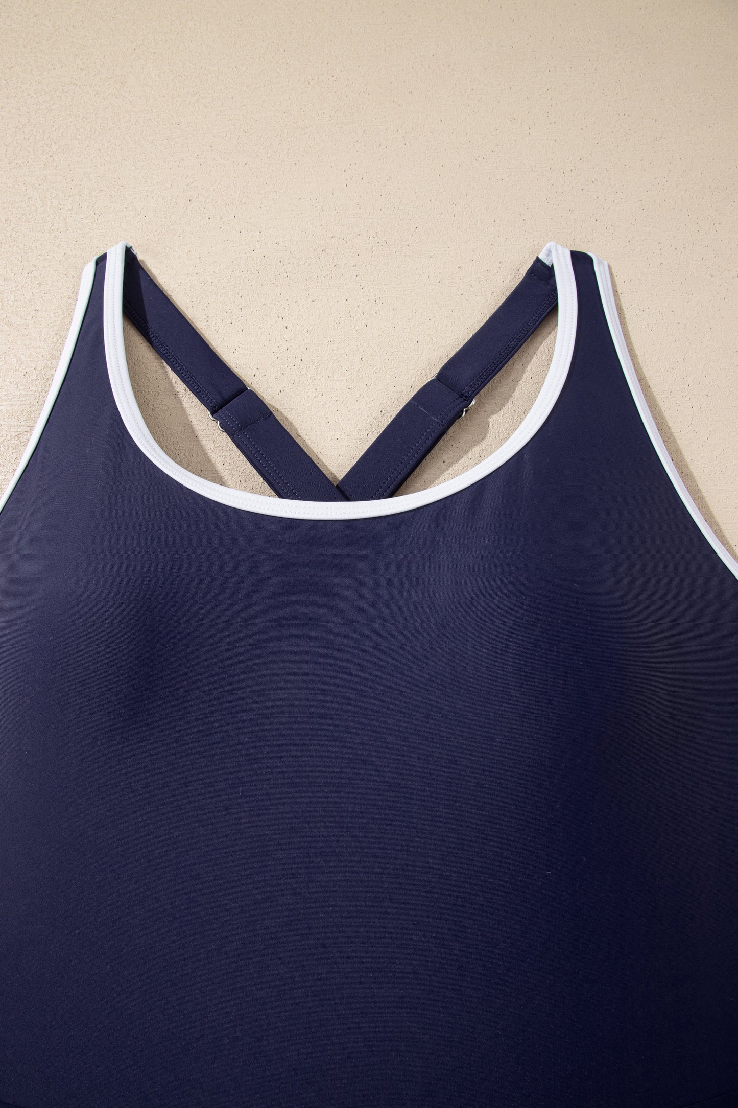 Navy Blue Contrast Edge Ruffled High Waist One Piece Swim Dress