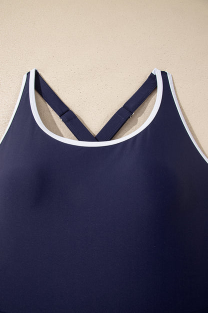 Navy Blue Contrast Edge Ruffled High Waist One Piece Swim Dress